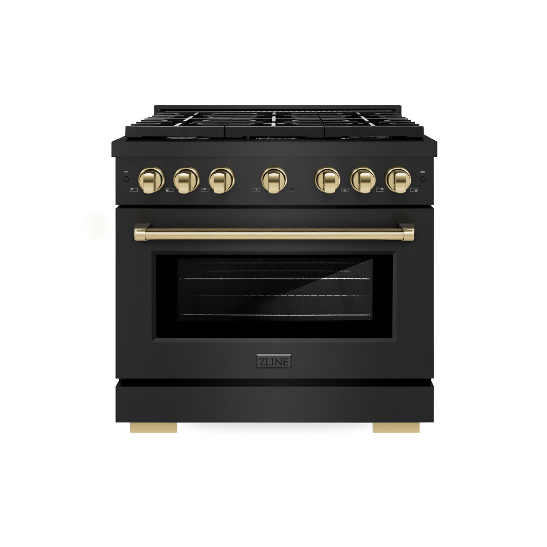 ZLINE Autograph Edition 36 in. 5.2 cu. ft. Paramount Dual Fuel Range W/ 6 Burner Gas Cooktop & Electric Convection Oven in Black Stainless Steel W/ Polished Gold Accents (SDRBZ-36-G) ZLINE