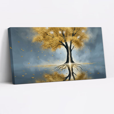 Arbre doré au tronc fendu et lumineux se reflétant dans l'eau - Tableau sur toile