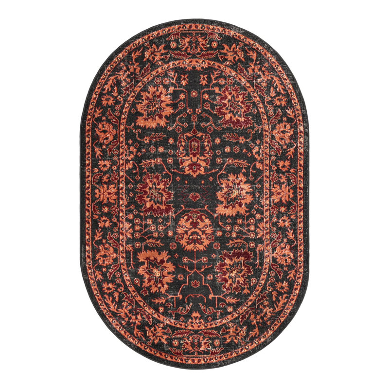 Tapis floral noir, Ovale 5 pi 3 po x 8 pi