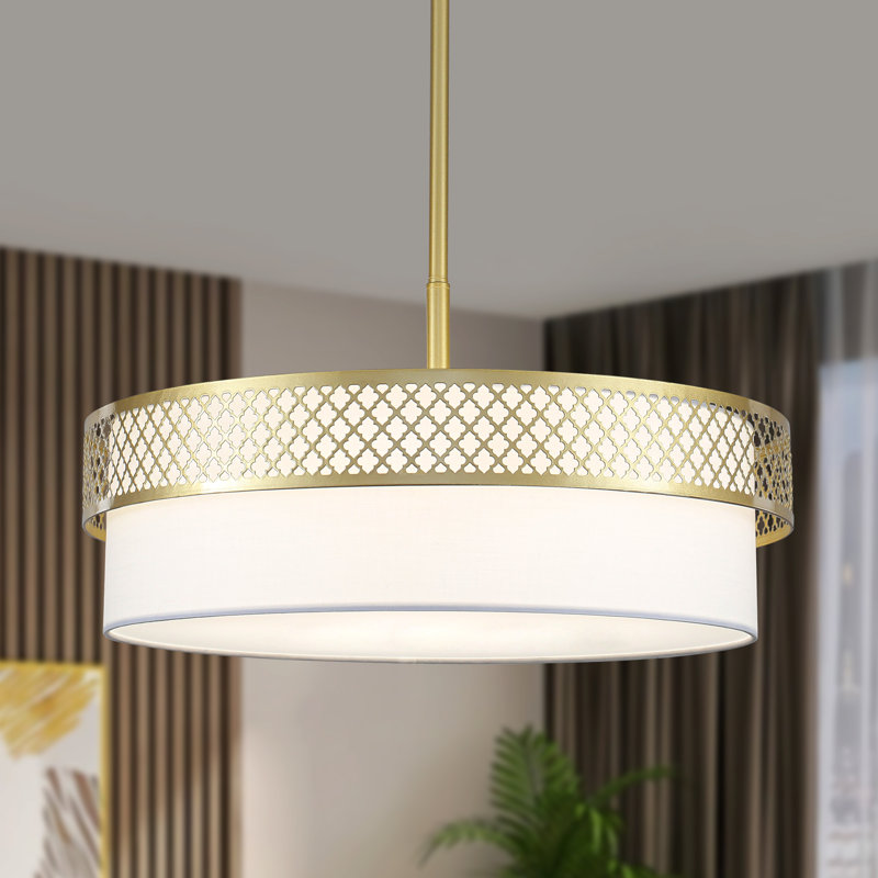 5 - Light 21.57" Dimmable Linen Shaded Drum Chandelier With Cut-Out Design Frame For Kitchen Island Living Dining Rooms Entryway Hallway Foyer