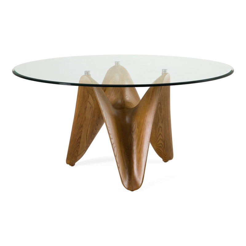 Amina - Table de salle à manger ronde en verre et noyer