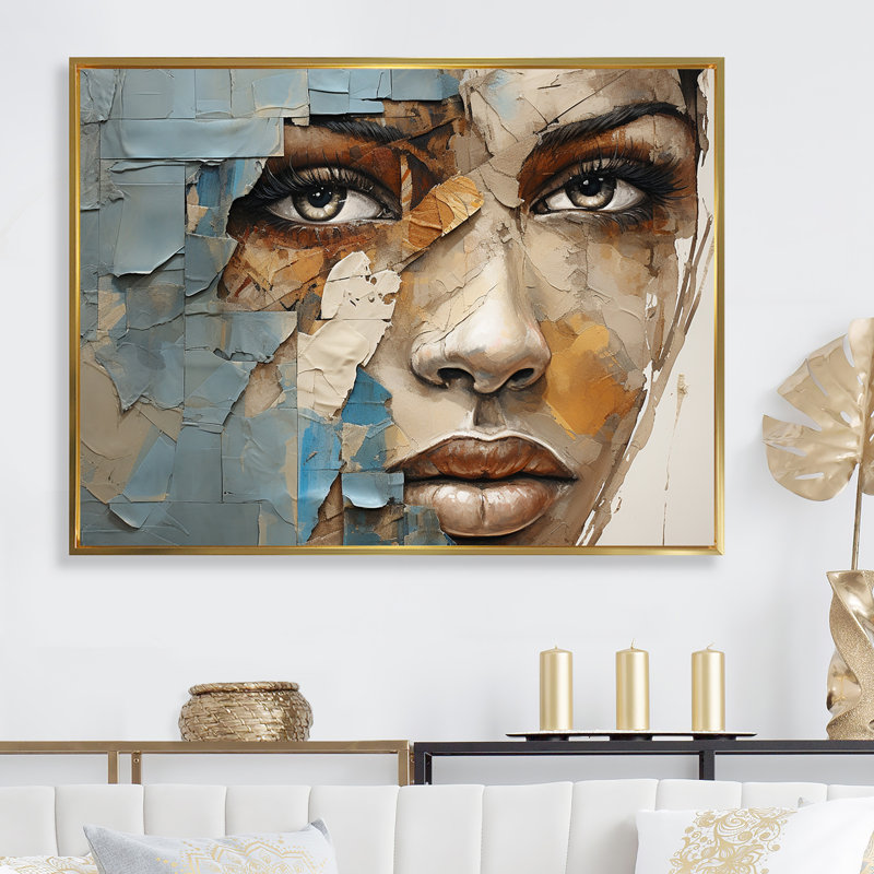 «Paint Collage African Woman I», reproduction d'art sur toile, Cadre flottant doré, H 16 po x l 32 po x P 1 po