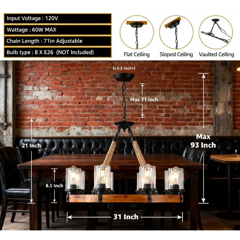 Luminaire de lustre en roue de chariot rustique avec abat-jour en verre bullé, luminaire suspendu industriel à cadre en bois massif pour le vestibule de l'îlot de cuisine de la salle à manger