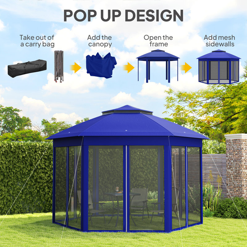 Dark Blue Steel Frame Hexagonal Pop-Up Gazebo with Mesh Netting