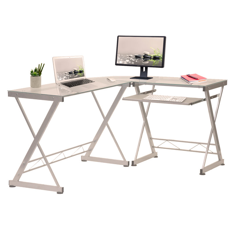 L-Shaped Tempered Glass Top Computer Desk with Pull Out Keyboard Panel