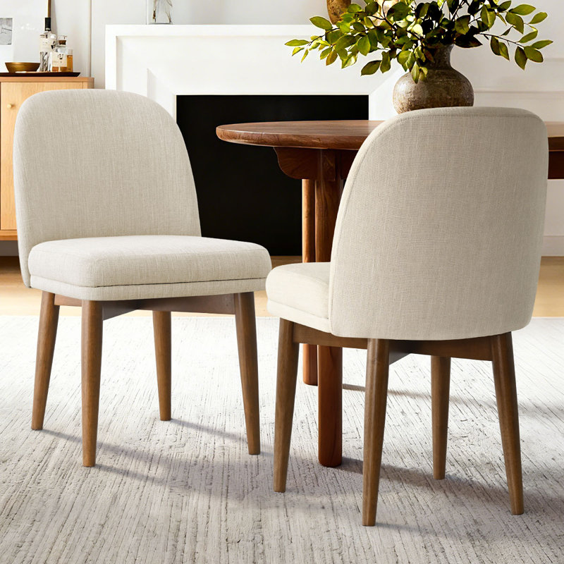 Chaises de salle à manger en lin beige avec pieds en bois massif, Beige