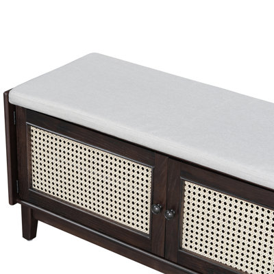 TREXM Boho Rattan Entryway Bench With Storage, Cushioned Shoe Bench With Double Doors, Wooden Shoe Organizer Bench For Entryway And Hallway (Antique Navy+Beige )