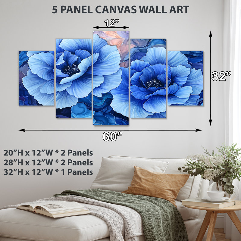 «Dancing Blue Symphony of Carnation I», art mural 5 panneaux