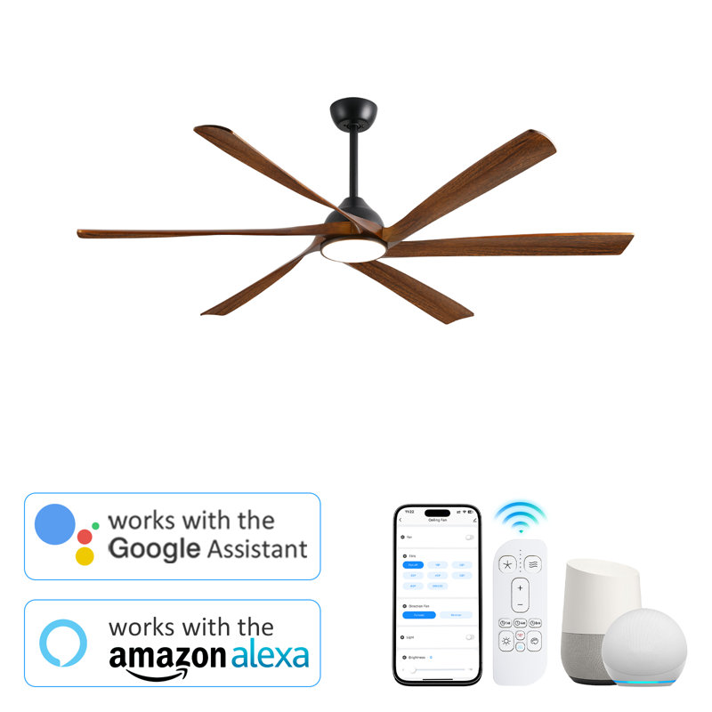 6 Blade Solid Wood Smart Ceiling Fan With Quiet Reversible Dc Motor, Dimmable Led Light, Remote & App Control, Black, Brown