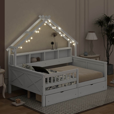 Wood Full Size House Platform Beds With LED, Storage Shelves, Drawers And Guardrail