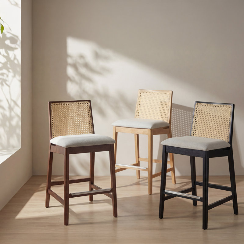 Tabouret de bar et de comptoir Mag Cane, Tabouret de comptoir (siège d'une hauteur de 25,5, Gris clair / nogal / naturel