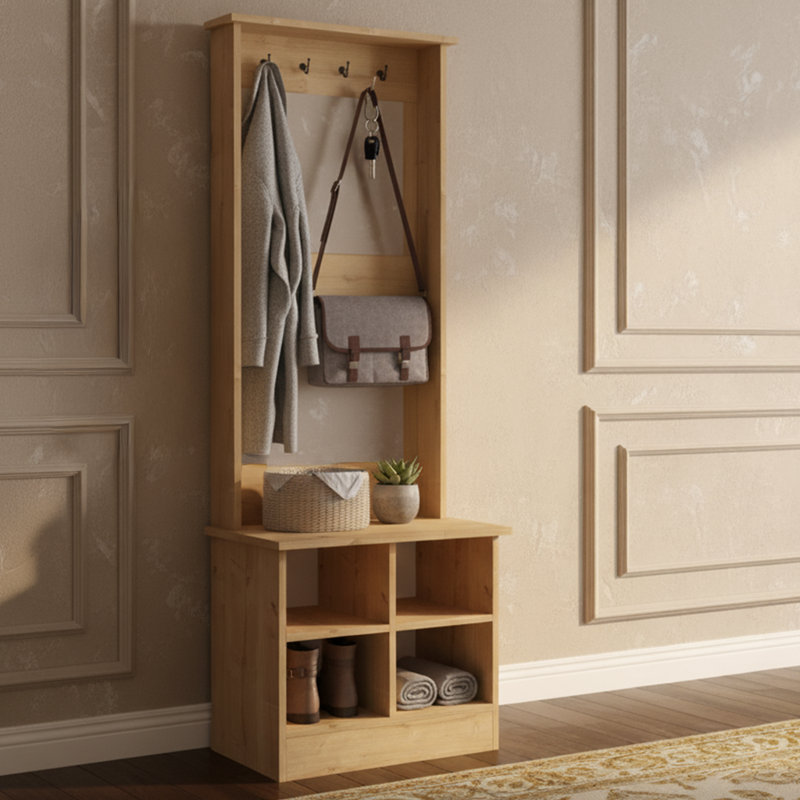 Hall Tree With Shoe Storage And 4 Hooks, Sapphire Oak
