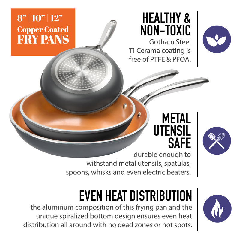 Gotham Steel Copper 3 Piece Nonstick Fry Pan Set - 8'',10'', And 12''