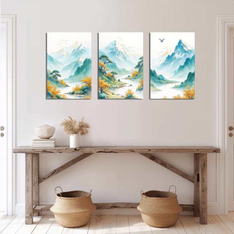 Paysage de montagne, aquarelle sur toile, reproduction de peinture à l'encre de Chine (ensemble de 3), H 24 po x l 48 po