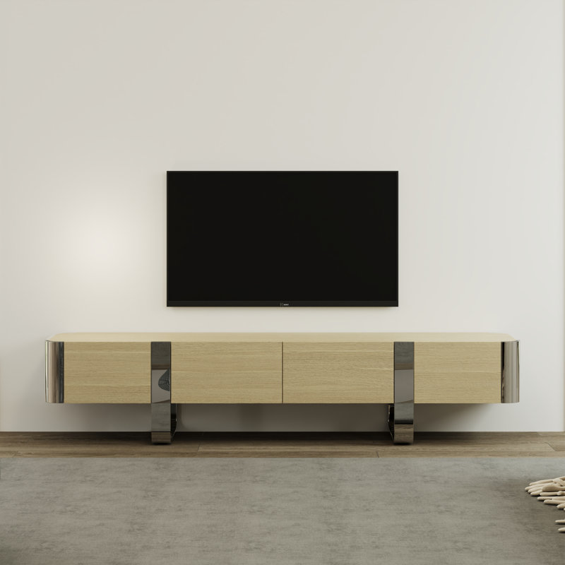 79 Inch Wood And Silver TV Stand Entertainment Center With Drawers And Door Cabinet, Natural Wood/Silver