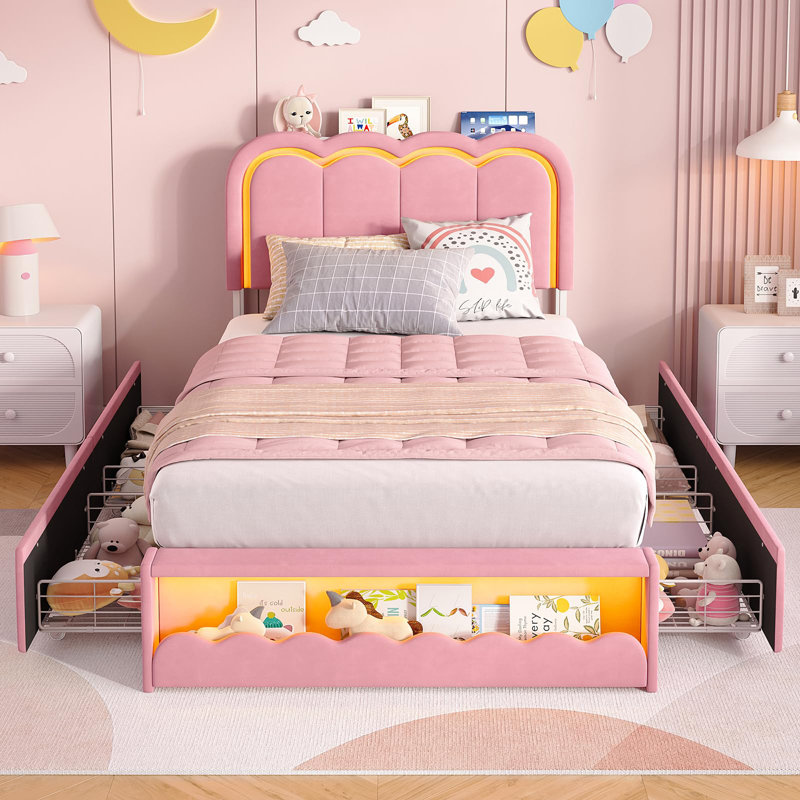 Twin LED Bed Frame With Storage Headboard And 4 Drawers, Pink