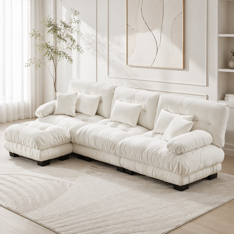 Canapé Cloud, canapé en chenille, Blanc + 3 sièges + 1 fauteuil