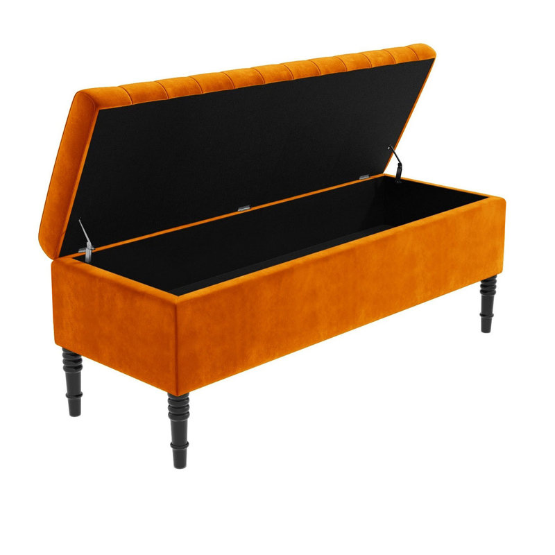 Paris Striped Ottoman Storage Bench - Upholstered Plush Velvet Shoes Bench with Black Turned Wooden Legs, Burnt Orange