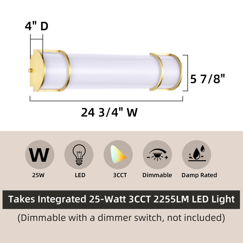 Barre lumineuse linéaire à DEL intégrée pour meuble-lavabo, température de couleur réglable 3CCT (3 000 K/4 000 K/5 000 K), intensité variable, résistante à l’humidité, 24 po/30 po et 3 finitions au choix