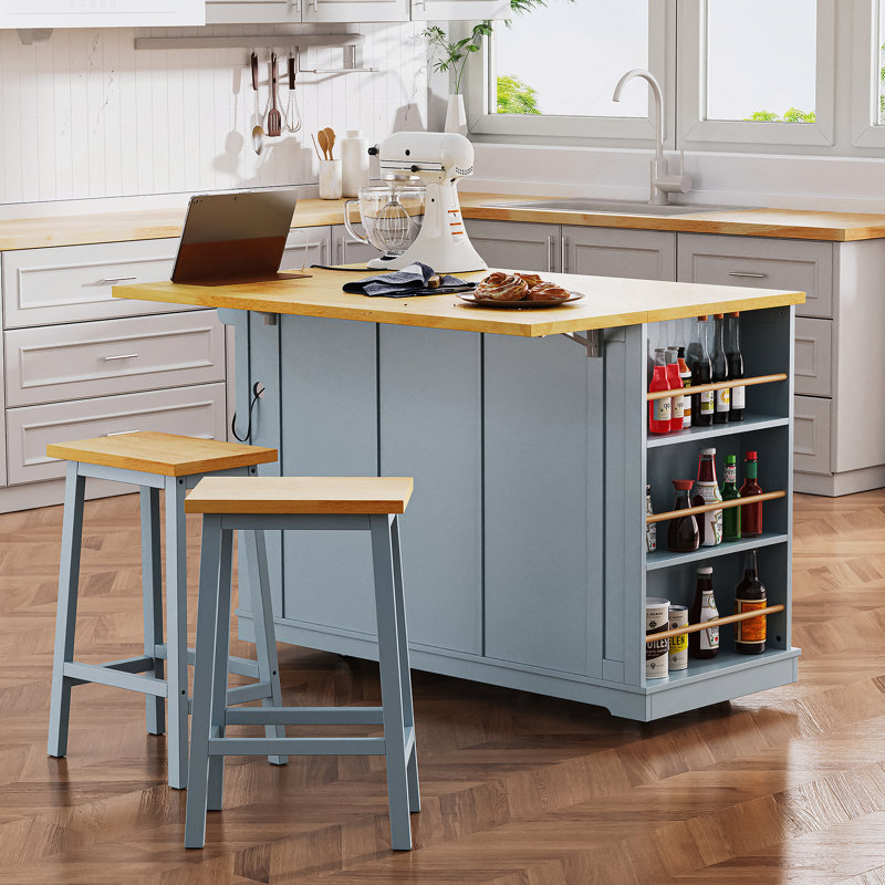 53-Inch Large Kitchen Island with Drop Leaf, Power Outlet, and Ample Storage, Rolling on 5 Wheels, Grey Blue