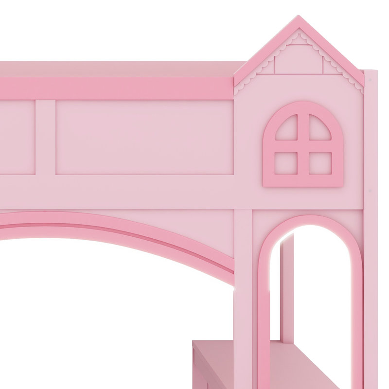 Lit mezzanine avec escalier de rangement, bureau, fenêtres, tablettes et éclairage à DEL, conception de château