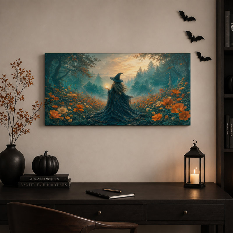 Femme magicienne tenant un orbe lumineux dans une fleur orange - Toile murale d'Halloween, L 20 po x H 10 po