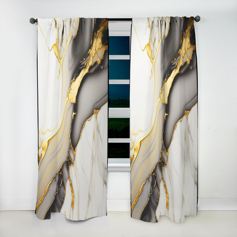 Abstract Geode Marble White And Gold II - Modern Curtain - Velvet Room Darkening - 1 panel, 52" W x 63" L