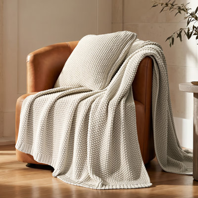EverGrace Organic Cotton Chunky Knit Throw Blanket, OCS Certified Soft Breathable Decorative Knitted Blanket for Indoor Home Sofa Bed Couch