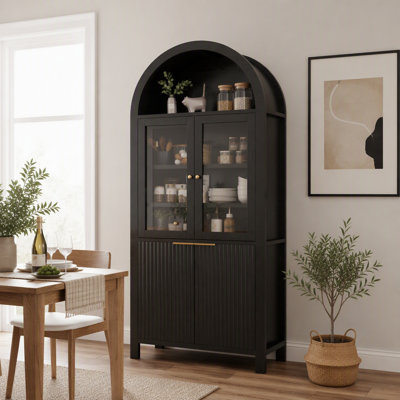 Elegant Fluted Tall Arched Display Storage Pantry Cabinet with Adjustable Shelves, Hidden Drawer & Glass Door for Kitchen, Living Room, Dining Room