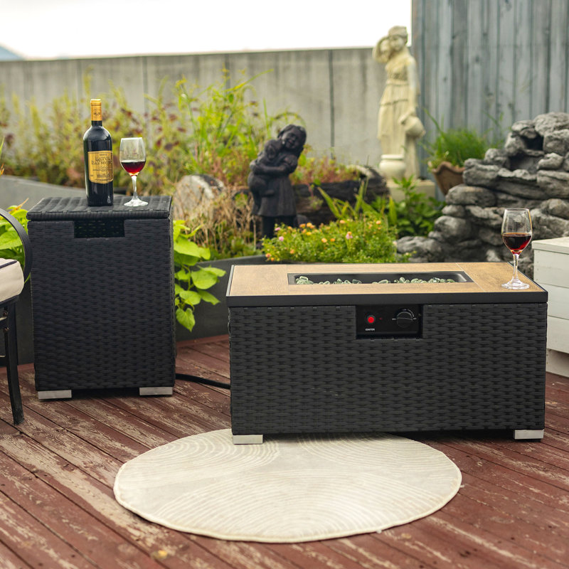 Propane Gas Fire Pit Table With Propane Tank Cover, 50000 BTU Rectangular Steel Fire Pit With Beautiful Wicker Base, Gray