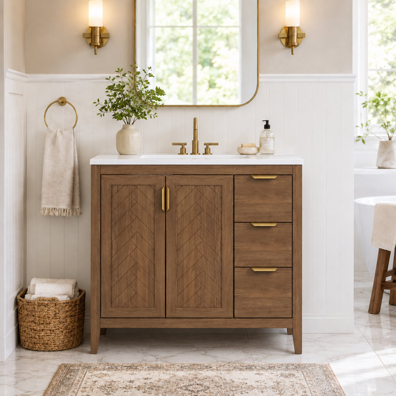 Meuble-lavabo brun 36 po avec plateau en composite Belser, 2 portes et 3 tiroirs Belser