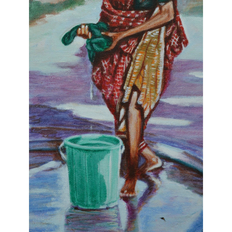 Lady Washing Clothes - Canvas Painting | Acrylic On Canvas | By Usha Shantharam