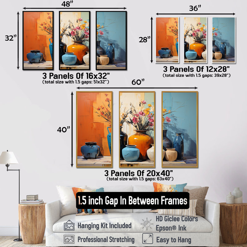 «Blue Italian Pottery Expressions - Boho Pottery», art mural, H 28 po x l 36 po x P 1 po, Cadre flottant noir