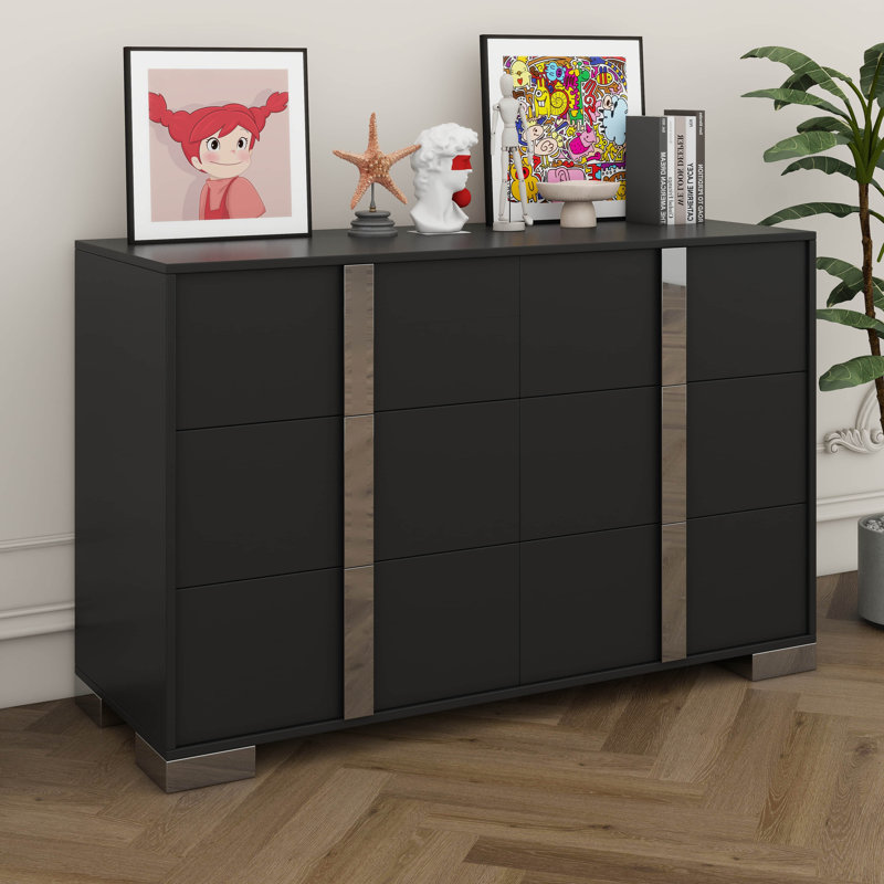 Commode pour chambre à coucher avec 6 tiroirs, commode en bois de ferme, armoire de rangement en miroir avec pied en métal