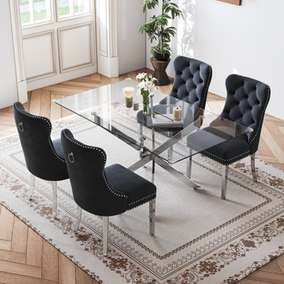5-Piece Rectangular Glass Dining Set, 63" Modern Tempered Glass Dining Table With Velvet Upholstered Seats