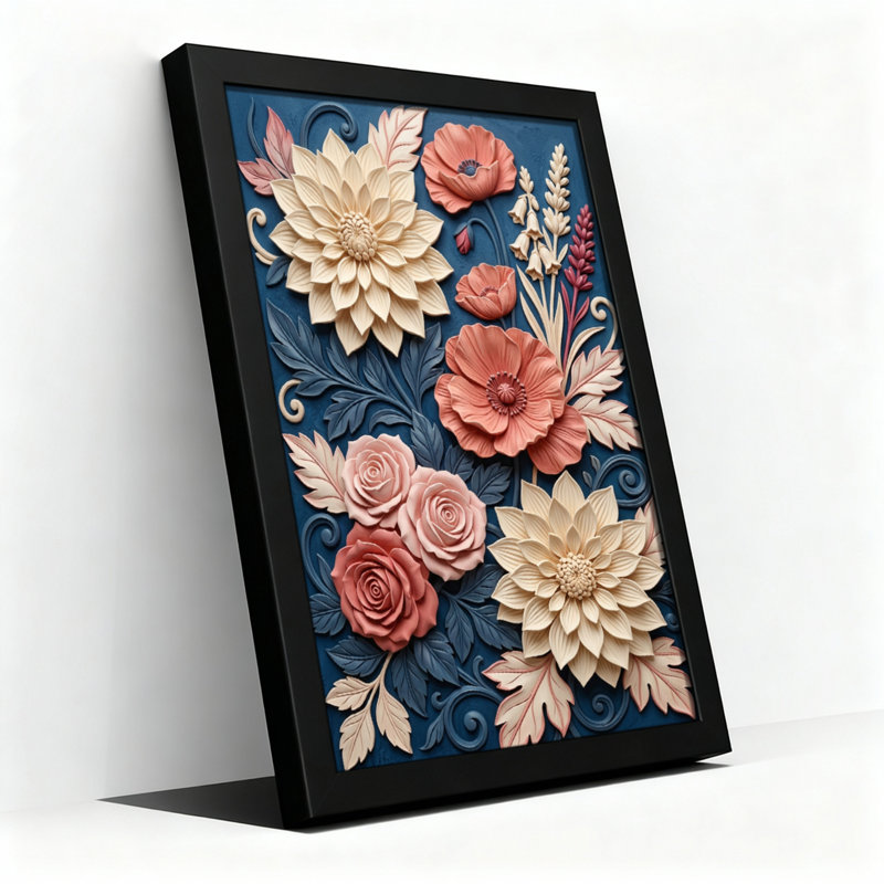 Toile noire encadrée en bois noir pour le salon, la chambre à coucher, le bureau ou le vestibule - décoration murale décorative avec art floral