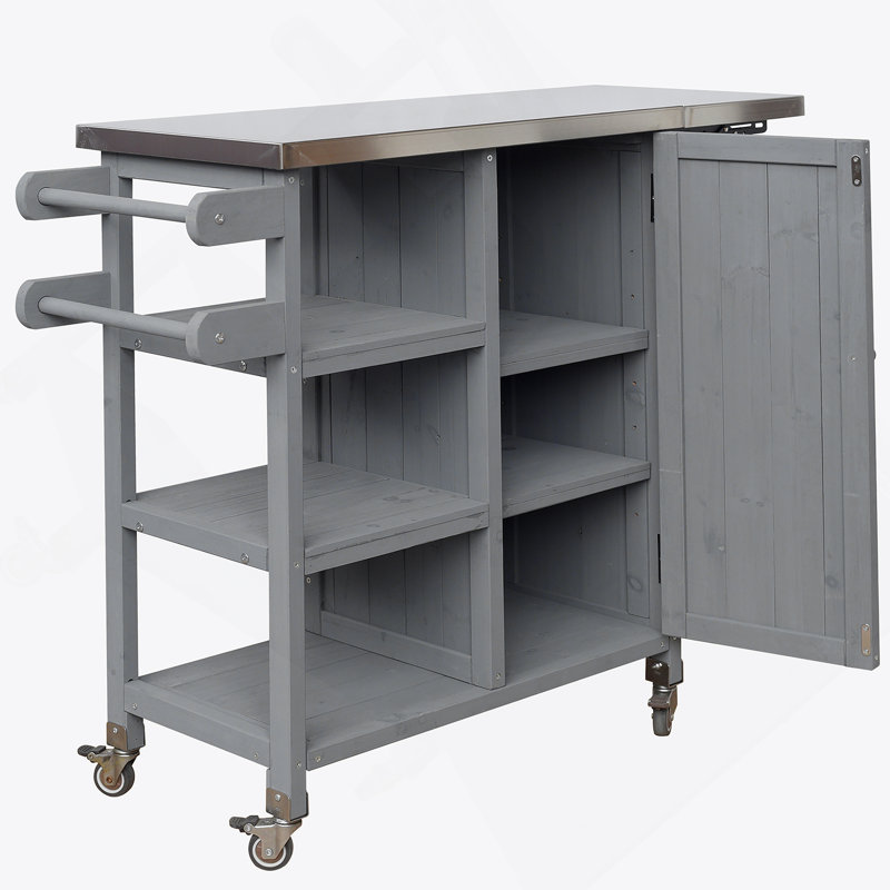 Foldable Outdoor Kitchen Island With Lockable Wheels, Storage Cabinet, And Towel Rack For Patio And Outdoor Use, Grey, Gray