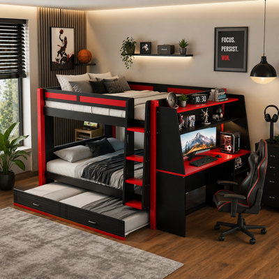 Full size Multifunctional Bunk Bed with Desk and Bookshelves, Trundle, White