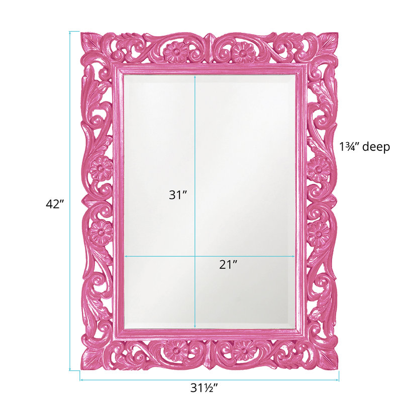 Traditional Ornate Framed Beveled Rectangular Accent Mirror, Hot Pink
