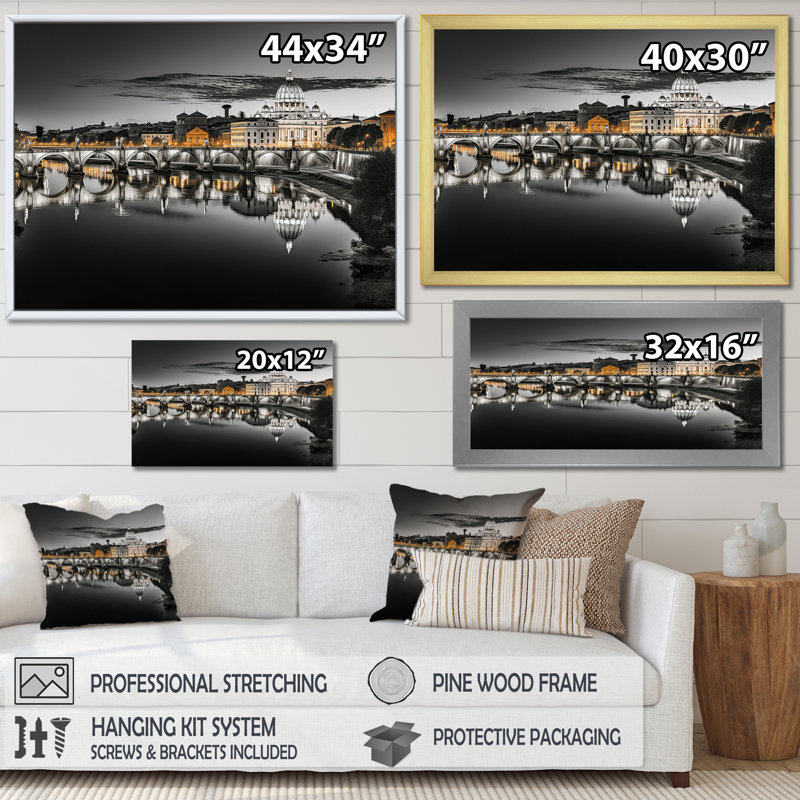 Paysage urbain de Rome noir et blanc sur toile, H 24 po x l 32 po x P 1 po, Cadre simple noir
