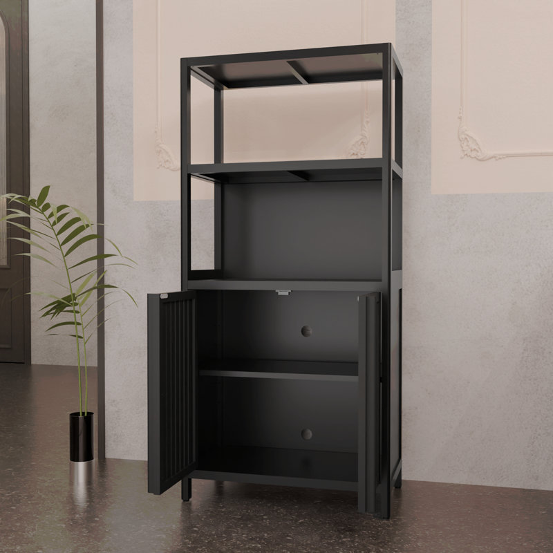 Black Bamboo Storage Cabinet, Separate Bathroom Cabinet With 2 Doors, Floor Cabinet Organizer For Living Room, Kitchen, Entrance