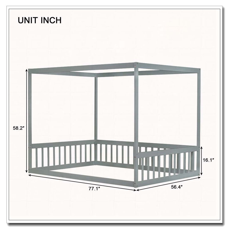 Lit en bois d'hévéa avec clôture Canopy, gris