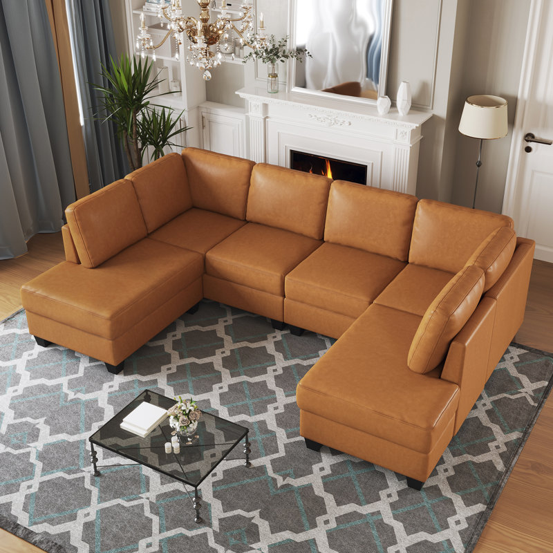 Faux Leather U - Shaped Modular Sectional Sofa, Brown Faux Leather