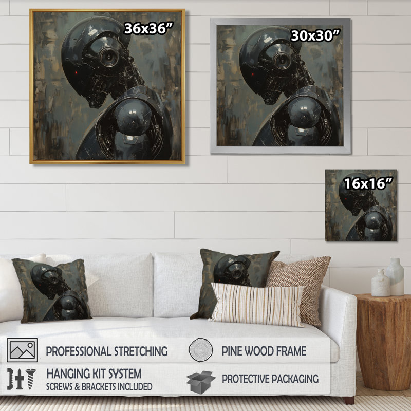 Art mural gris Robot majestueux - Robots, H 16 po x l 16 po, Cadre simple blanc