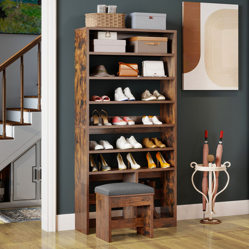  19 Pairs Shoe Storage Cabinet, 71" Tall Shoe Rack With Open Storage, Rustic Brown