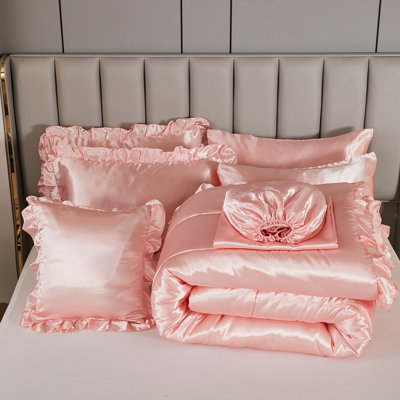 Satin Comforter Set with Sheet Set King 8 Pcs Silk Like Pink Bedding Set Silky Ruffle Pattern Luxury Silky Comforter Set with 1 Cushion Cover