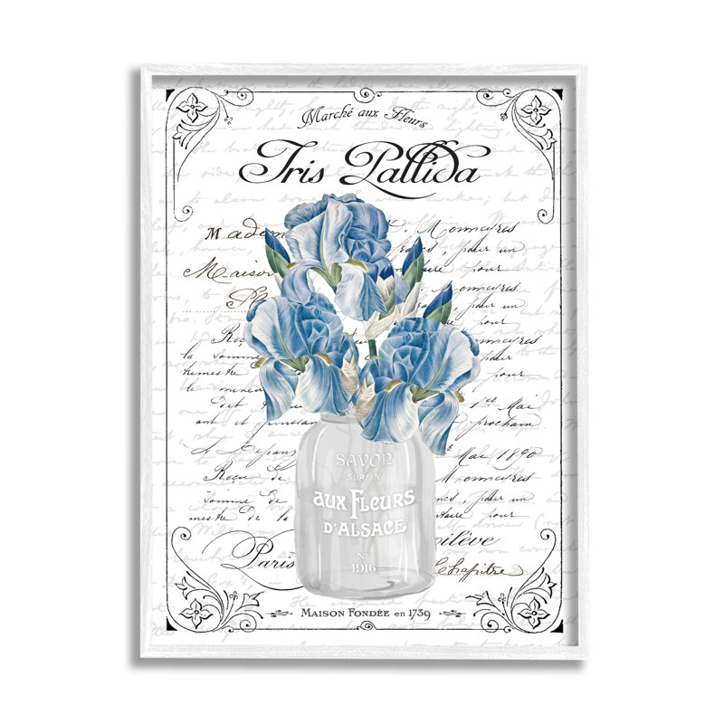 " Delicate Iris Flower Bouquet Ornate French Script Border " by Lettered And Lined, 20" H x 16" W x 1.5" D
