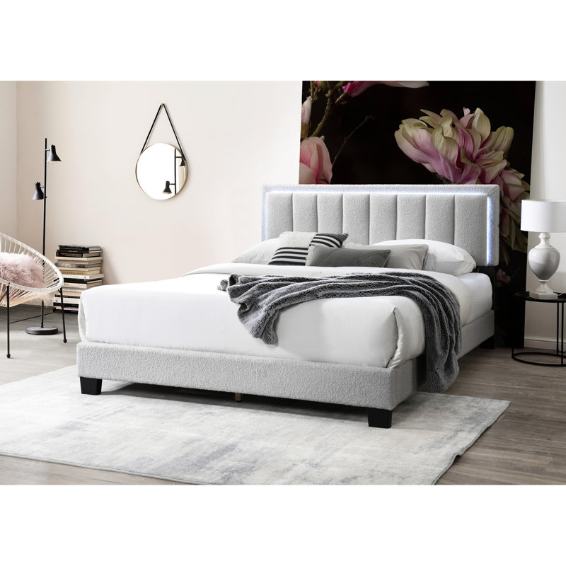 Grand lit de style contemporain en laine grise avec tête de lit capitonnée et tête de lit tapissier en laine, Gris clair