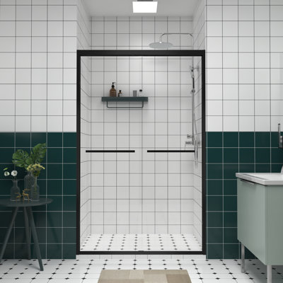 44 - 48" Adjustable Width Double Sliding Shower Door With & Tempered Glass, Mute System