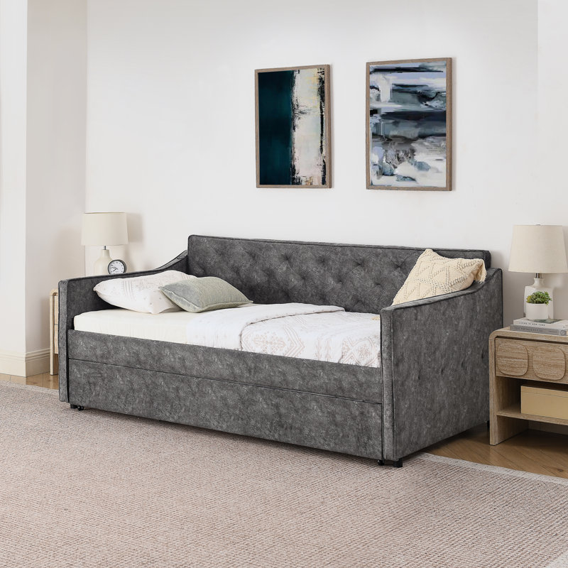 Twin Size Upholstered Daybed With Twin Pop-up Trundle, Usb Charging Design, Mid-century Button Tufted Daybed (81''x45''x33.5'')